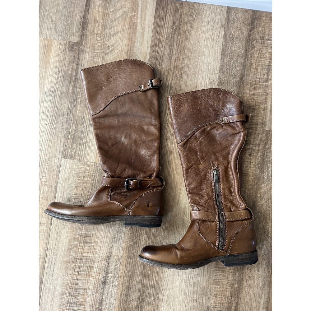 Frye Riding Boots Womens 7.5 B Brown Leather Knee High Side Zip Buckle 4001 - Picture 2 of 8